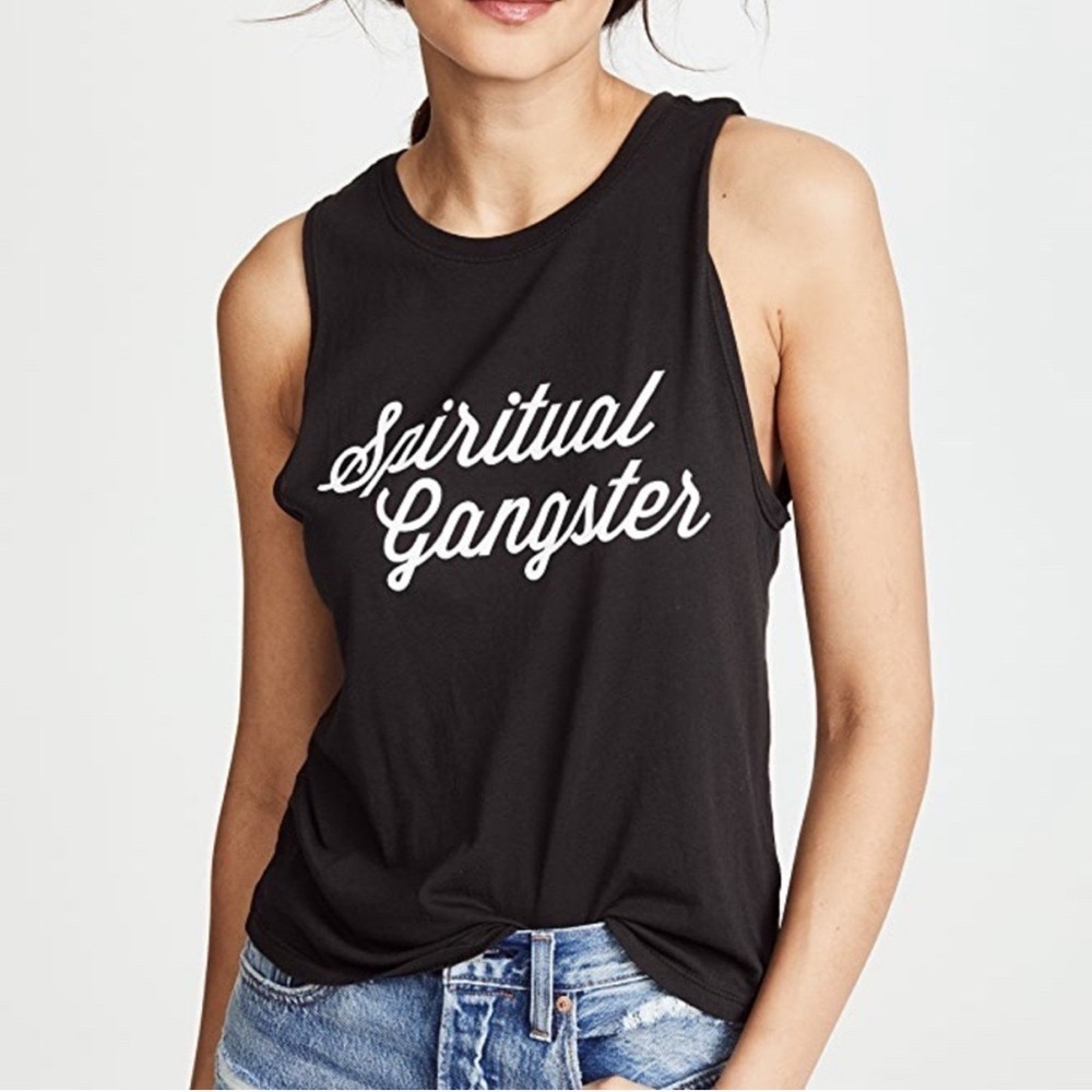 Spiritual Gangster Script Graphic Muscle Tank Top Black Spellout Size XS Yoga
